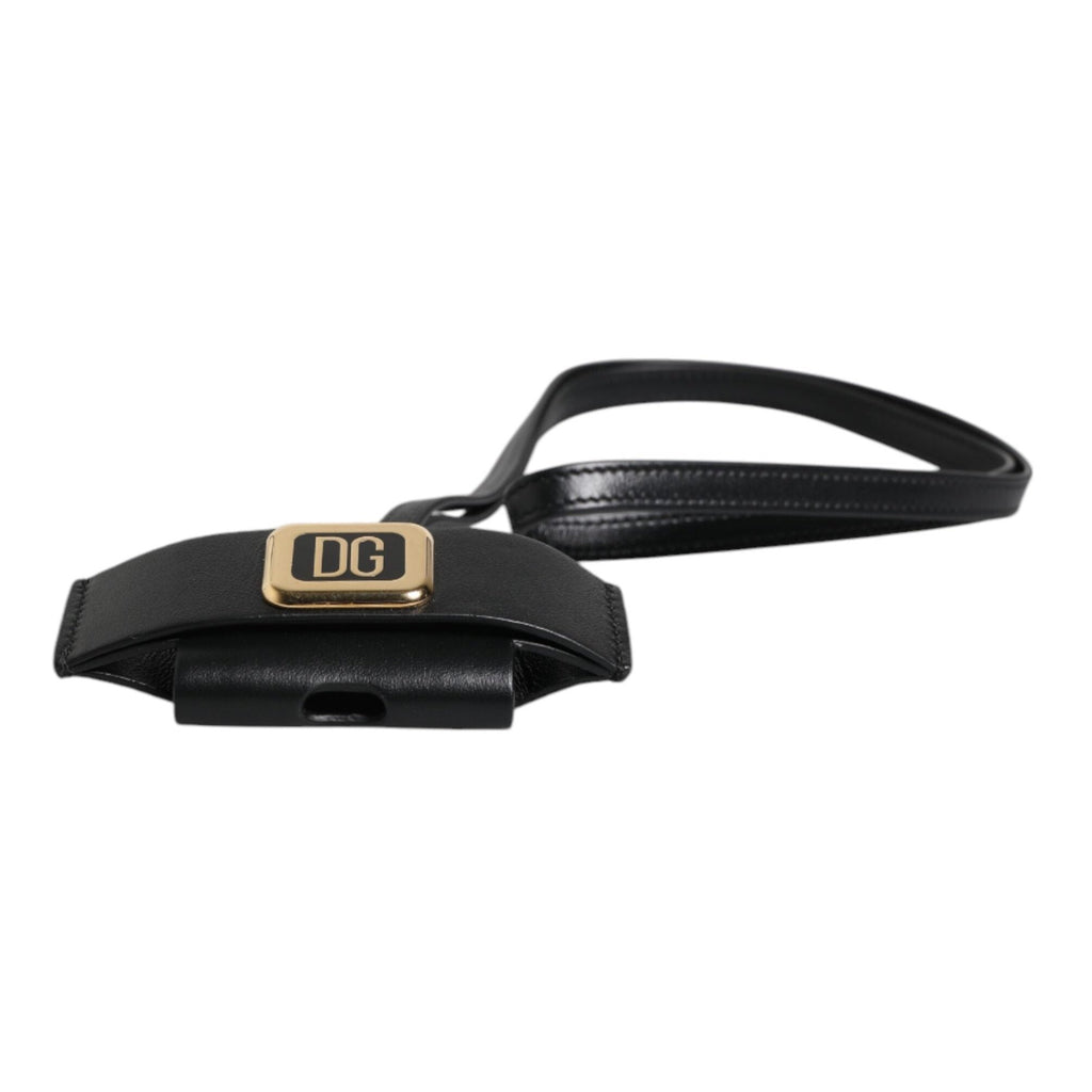 Dolce & Gabbana Black Leather Strap Gold Metal Logo Plaque Airpods Case