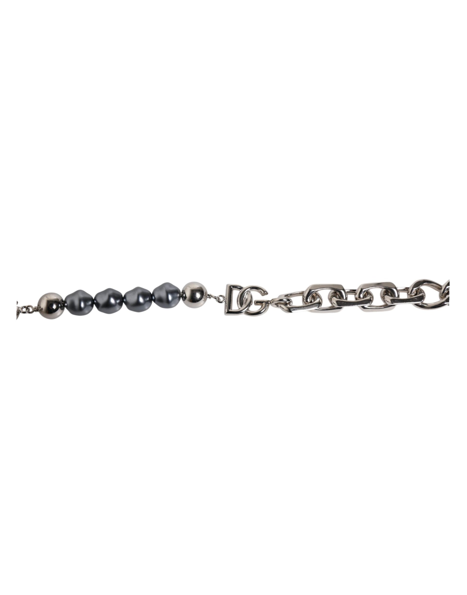 Dolce & Gabbana Silver Tone Chain Lobster Clasp Logo Gray Pearls Bracelet Dolce & Gabbana