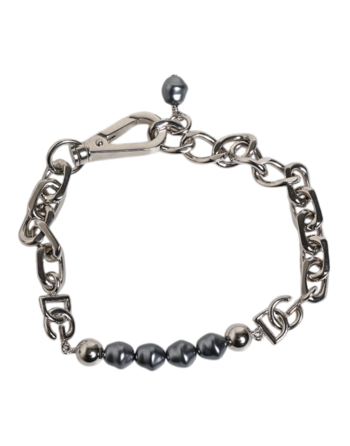 Dolce & Gabbana Silver Tone Chain Lobster Clasp Logo Gray Pearls Bracelet Dolce & Gabbana