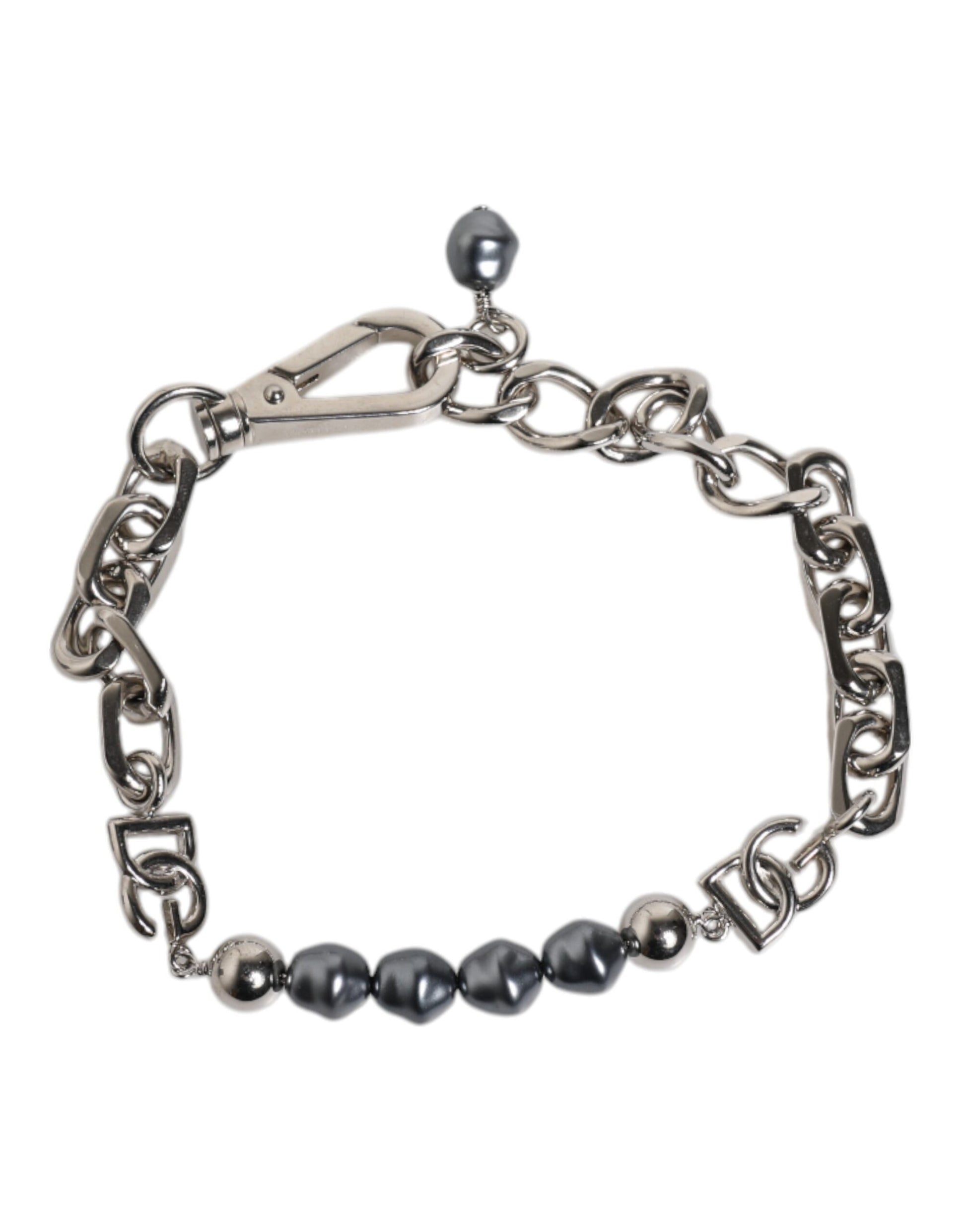 Dolce & Gabbana Silver Tone Chain Lobster Clasp Logo Gray Pearls Bracelet Dolce & Gabbana
