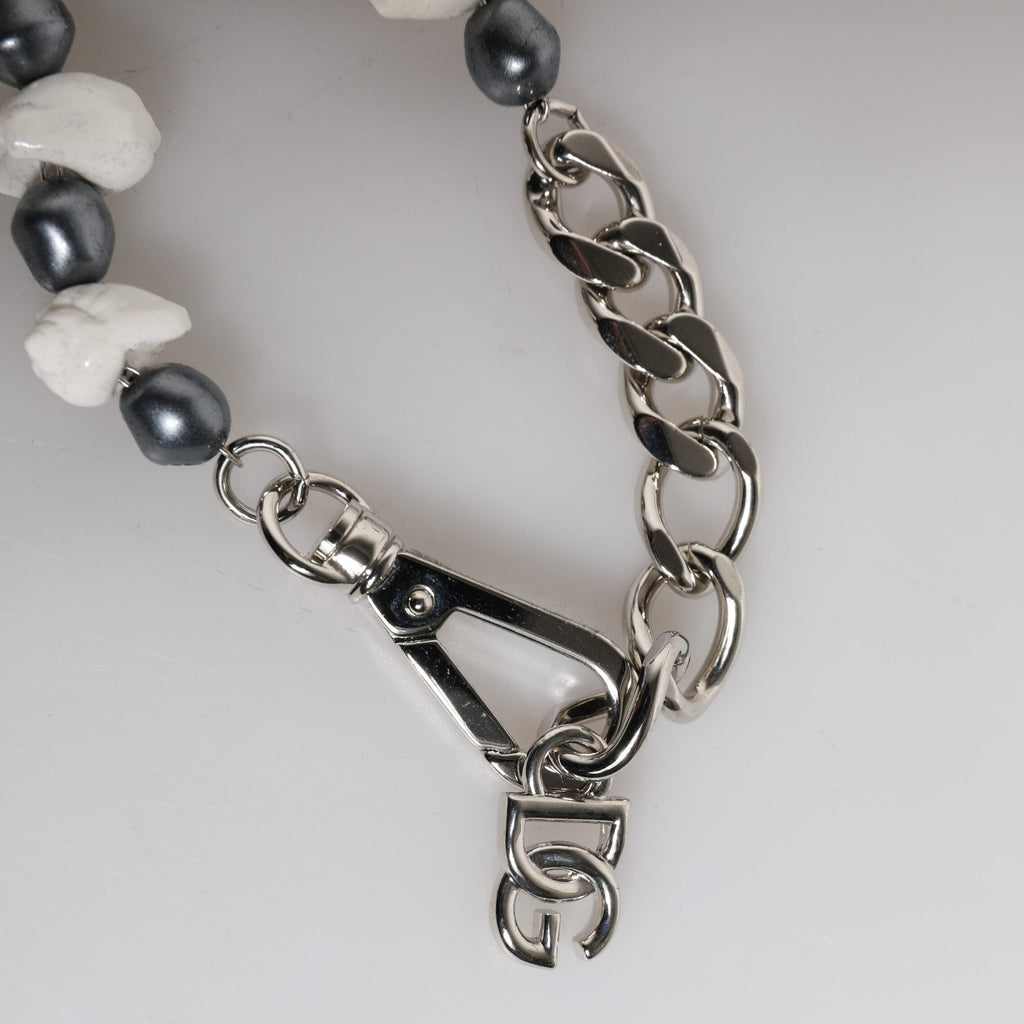 Dolce & Gabbana Silver Tone Brass Beaded Shell DG Logo Pendant Bracelet
