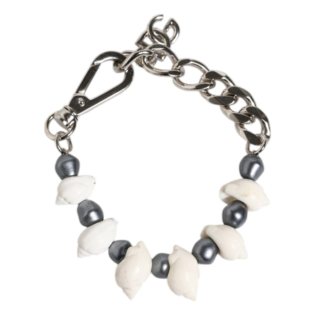 Dolce & Gabbana Silver Tone Brass Beaded Shell DG Logo Pendant Bracelet
