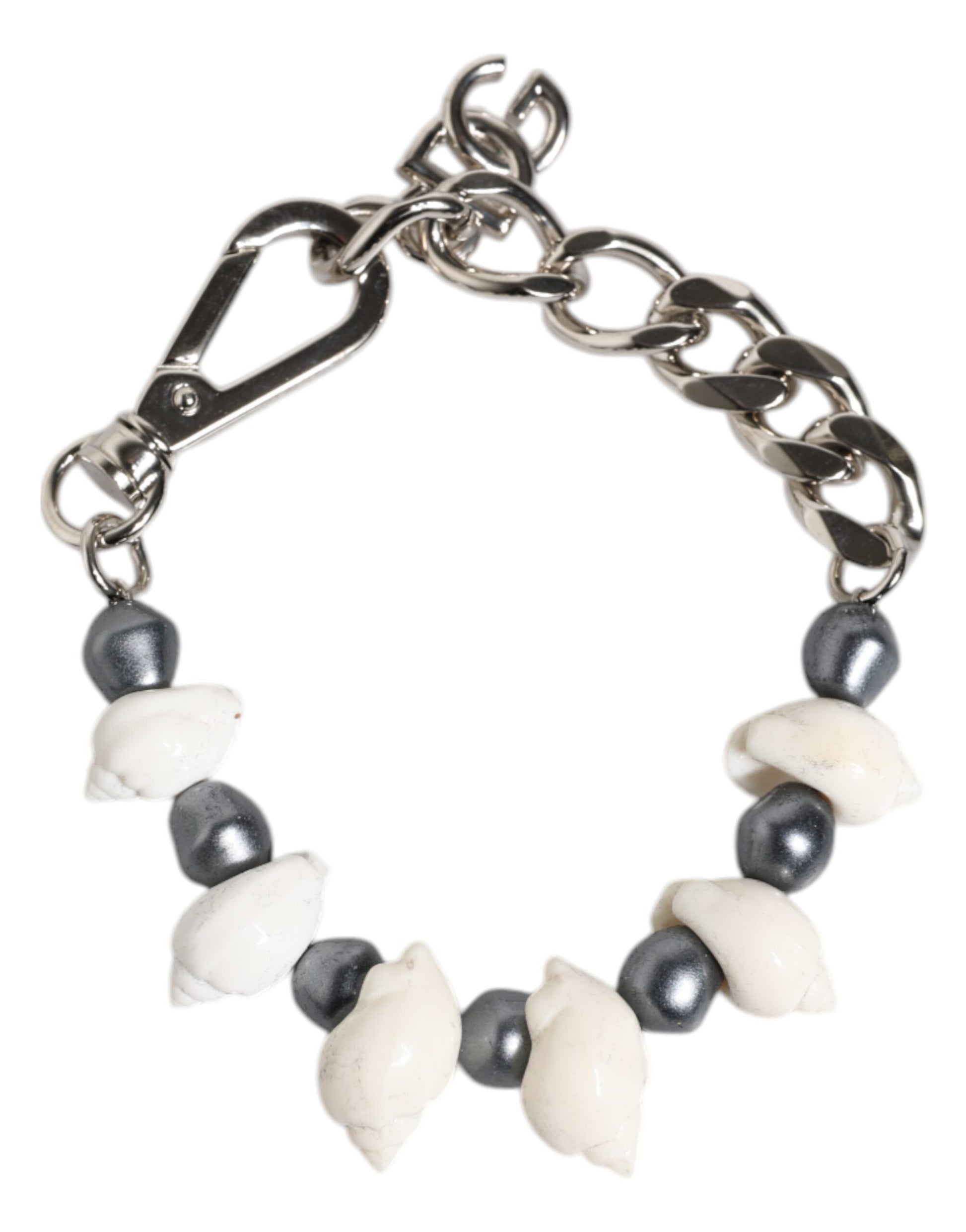 Dolce & Gabbana Silver Tone Brass Beaded Shell DG Logo Pendant Bracelet Dolce & Gabbana