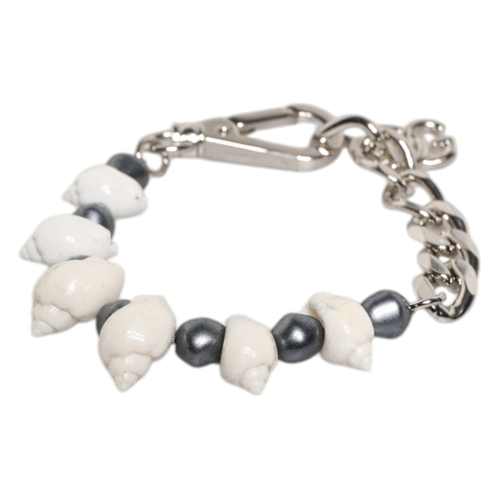 Dolce & Gabbana Silver Tone Brass Beaded Shell DG Logo Pendant Bracelet