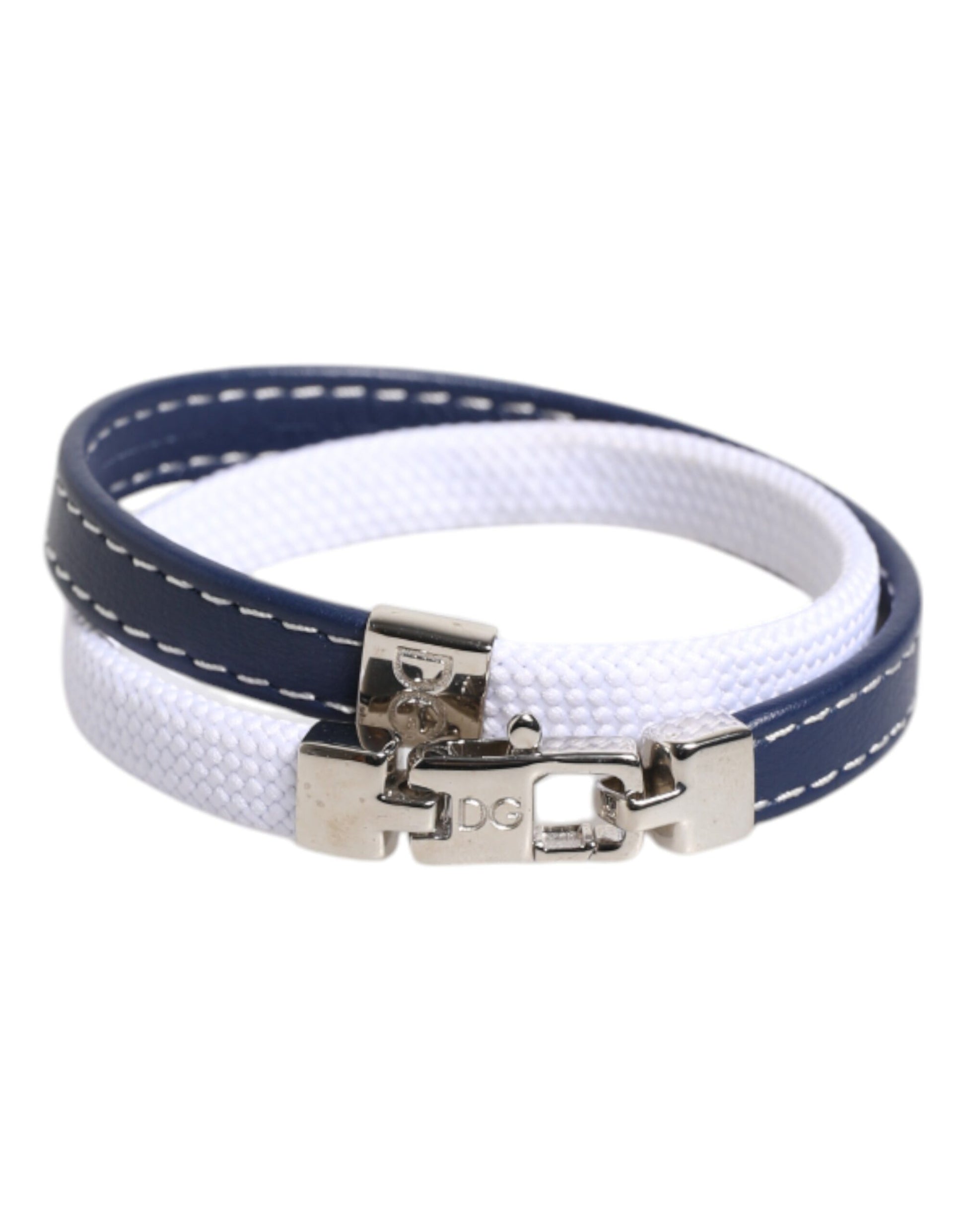Dolce & Gabbana Blue White Leather Trimmed DG Engraved Silver Tone Clasp Bracelet Dolce & Gabbana