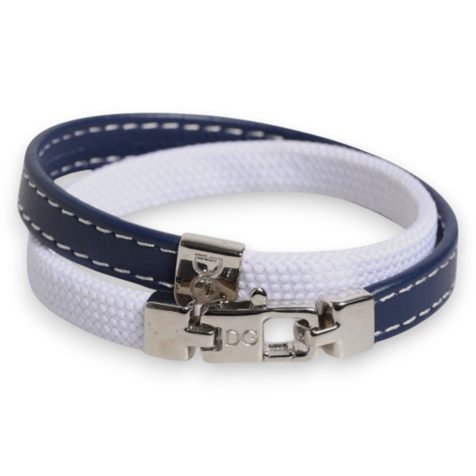 Dolce & Gabbana Blue White Leather Trimmed DG Engraved Silver Tone Clasp Bracelet Dolce & Gabbana