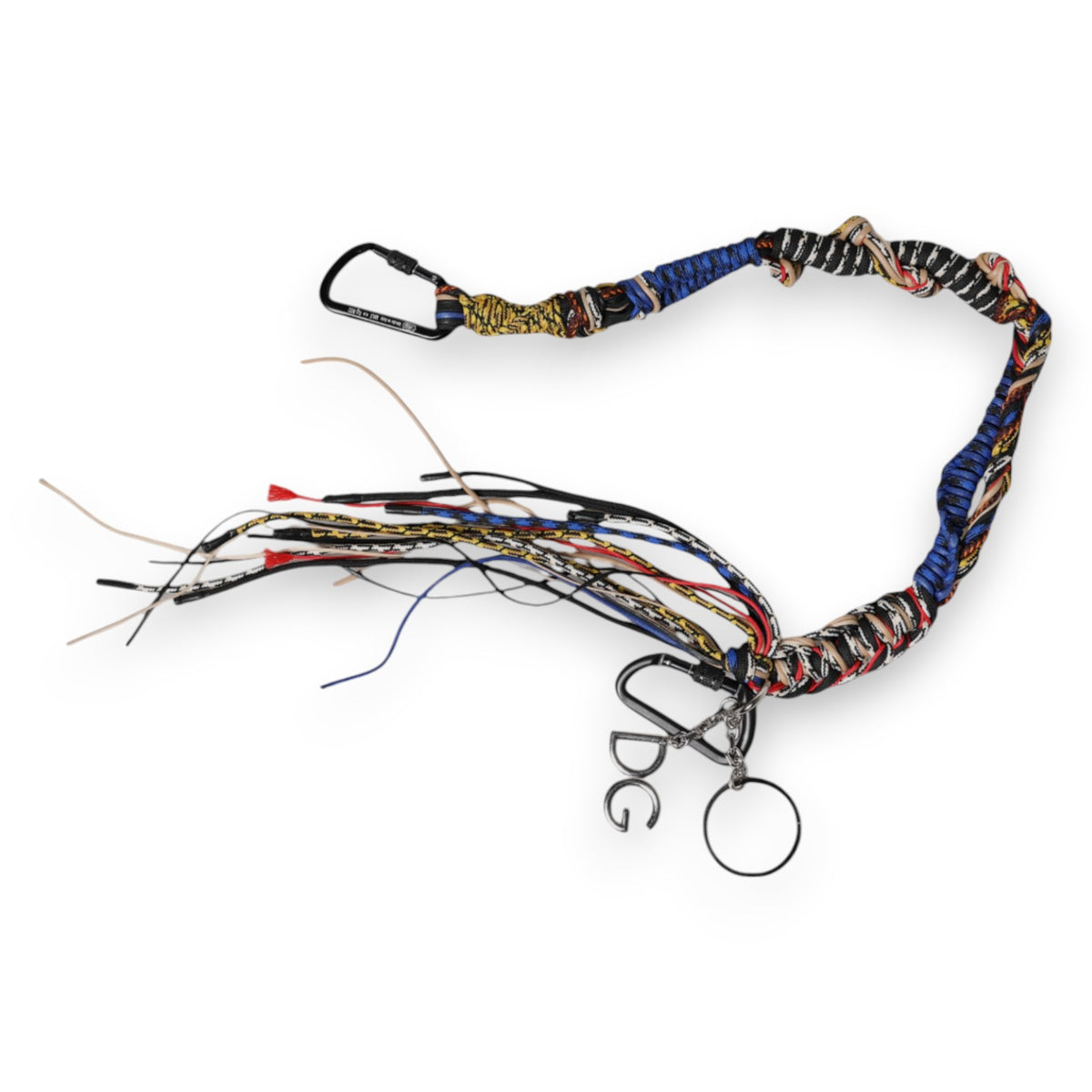 Dolce & Gabbana multicolor braided rope logo bag shoulder strap with D&G branding and vibrant woven design.