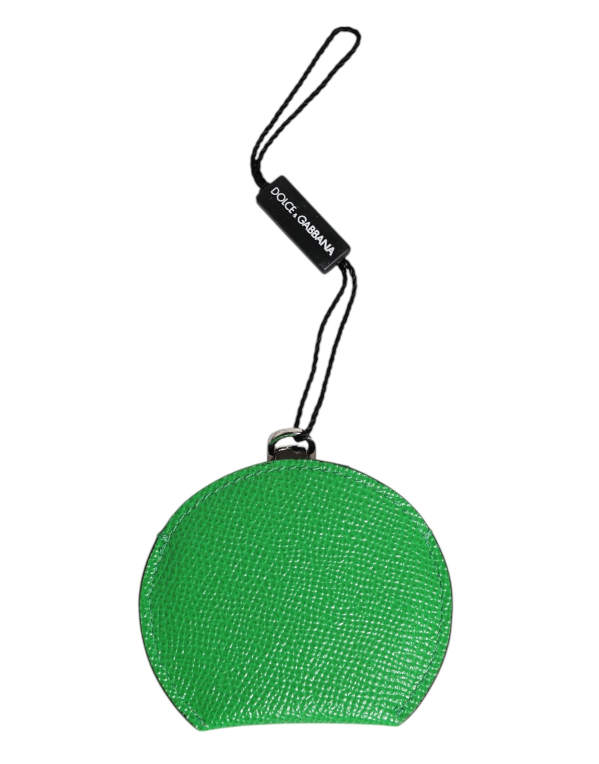 Dolce & Gabbana Green Calfskin Leather Round Logo Hand Mirror Holder