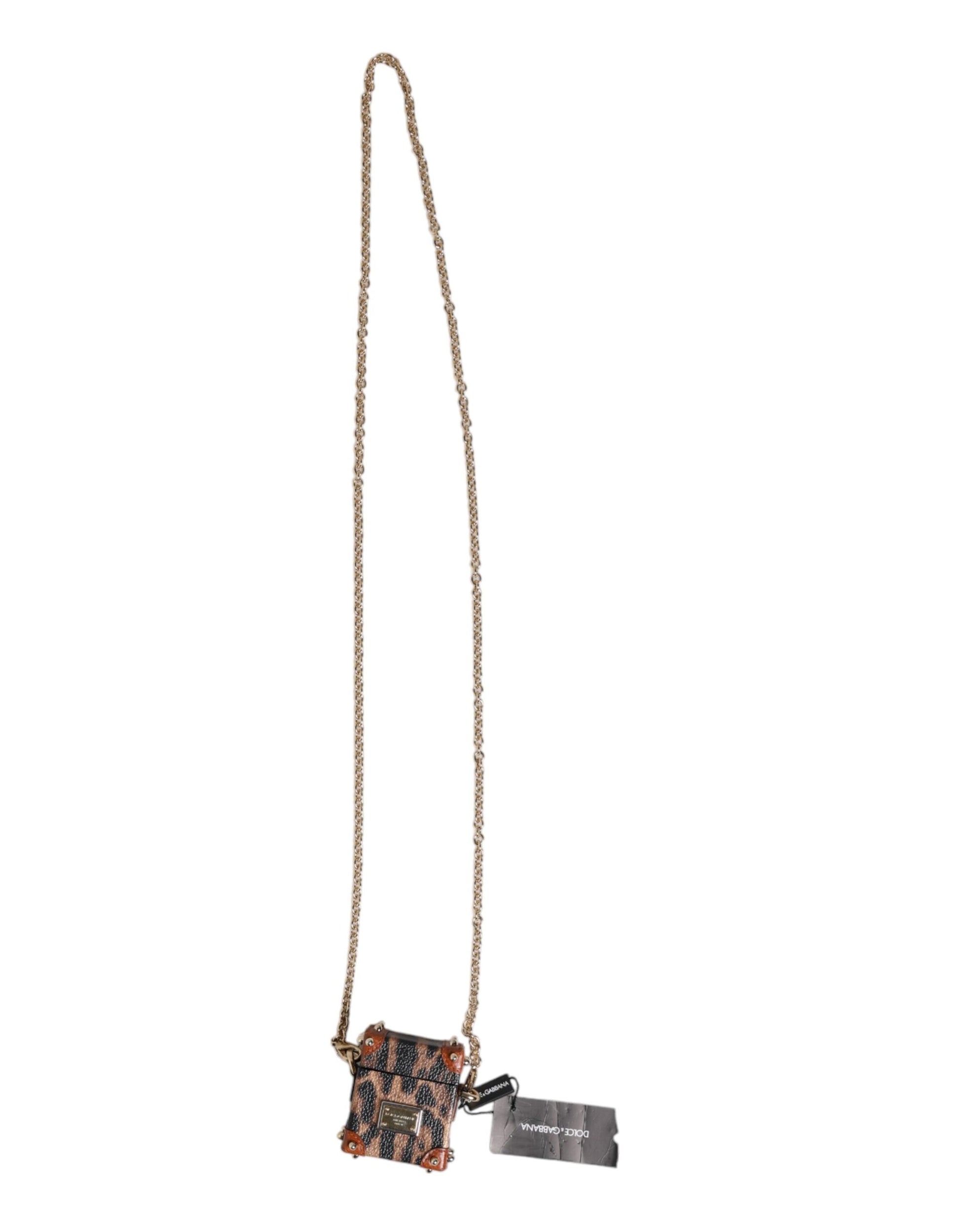 Dolce & Gabbana Brown Leopard Metal Logo Plaque Gold Chain Airpods Case Dolce & Gabbana