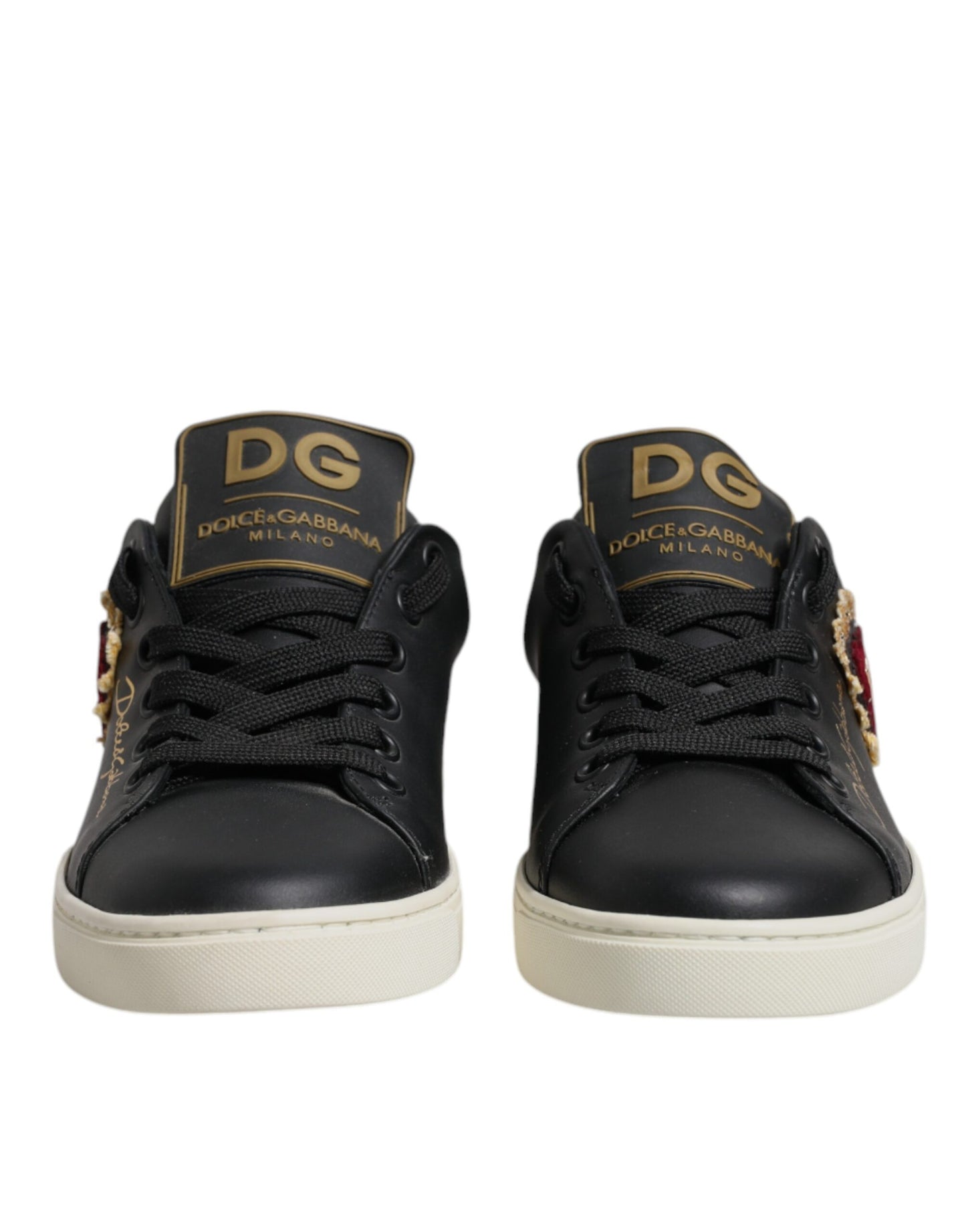 Dolce & Gabbana Black Leather Gold Red Heart Sneakers Shoes Dolce & Gabbana