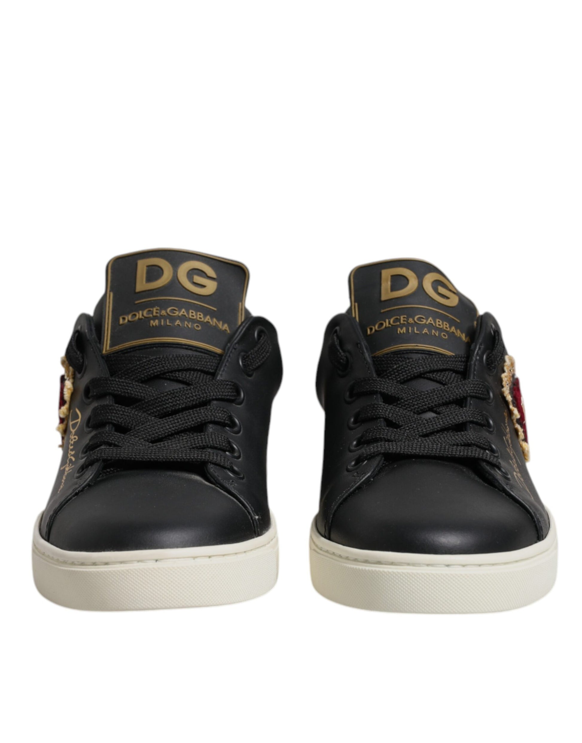 Dolce & Gabbana Black Leather Gold Red Heart Sneakers Shoes Dolce & Gabbana