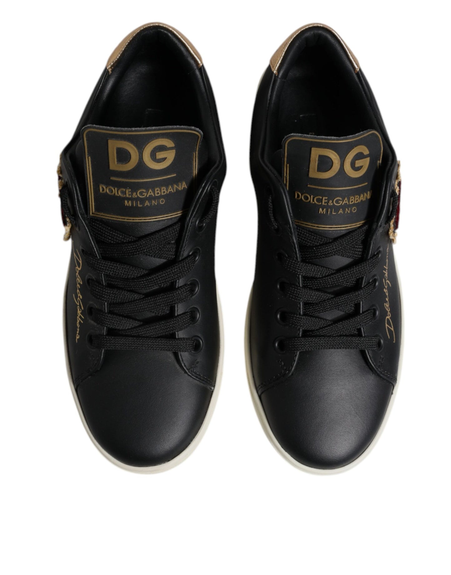 Dolce & Gabbana Black Leather Gold Red Heart Sneakers Shoes Dolce & Gabbana
