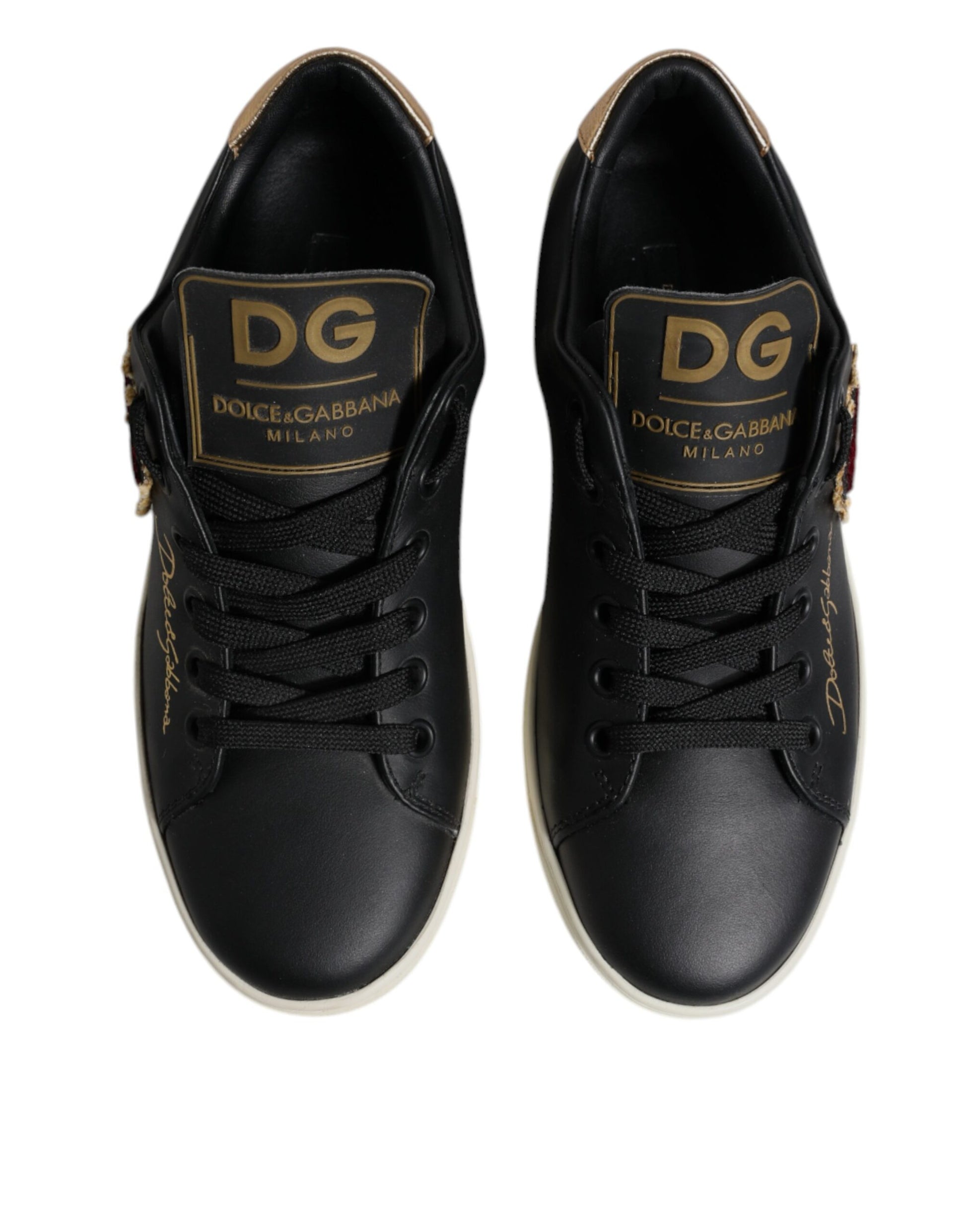Dolce & Gabbana Black Leather Gold Red Heart Sneakers Shoes Dolce & Gabbana