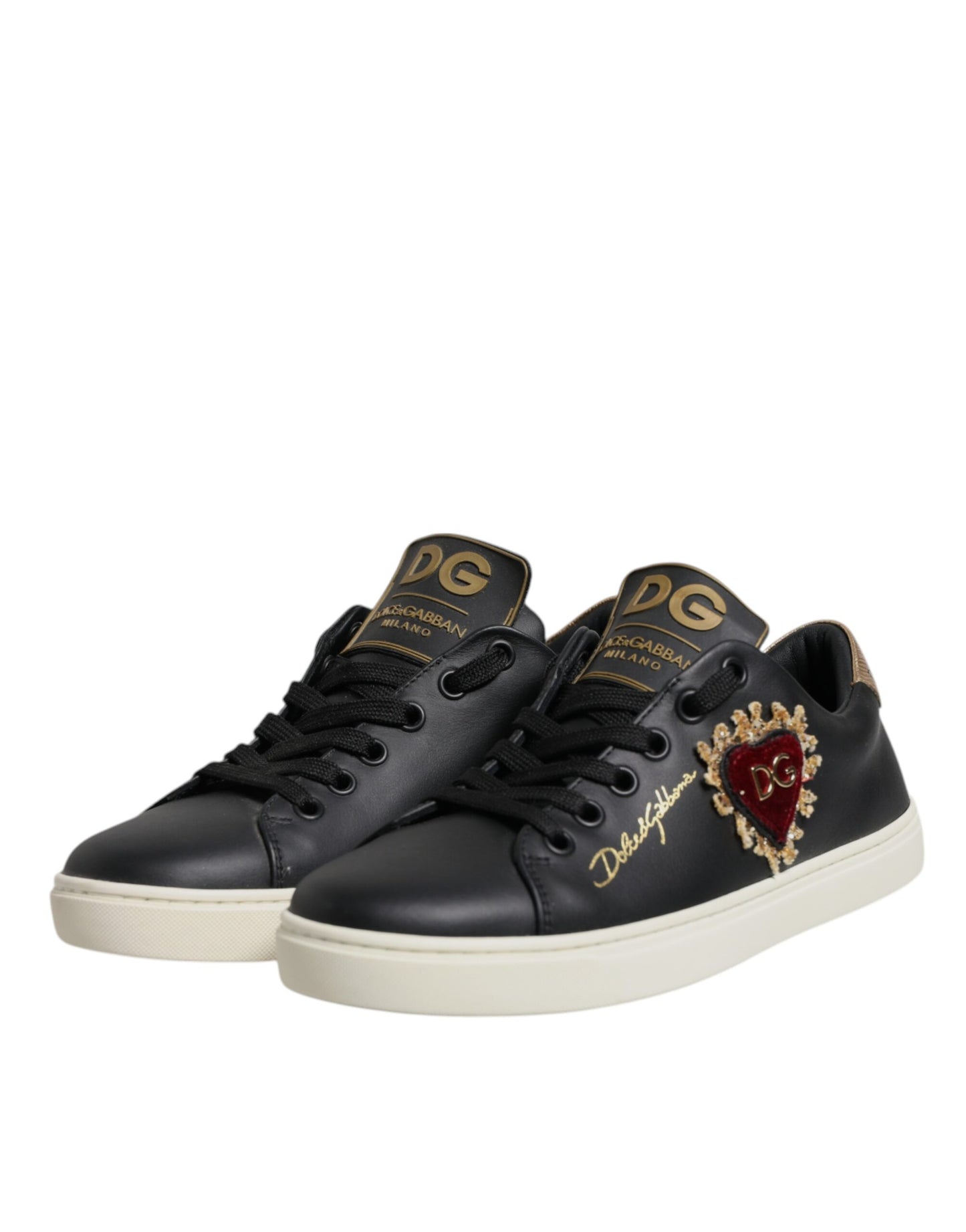 Dolce & Gabbana Black Leather Gold Red Heart Sneakers Shoes Dolce & Gabbana