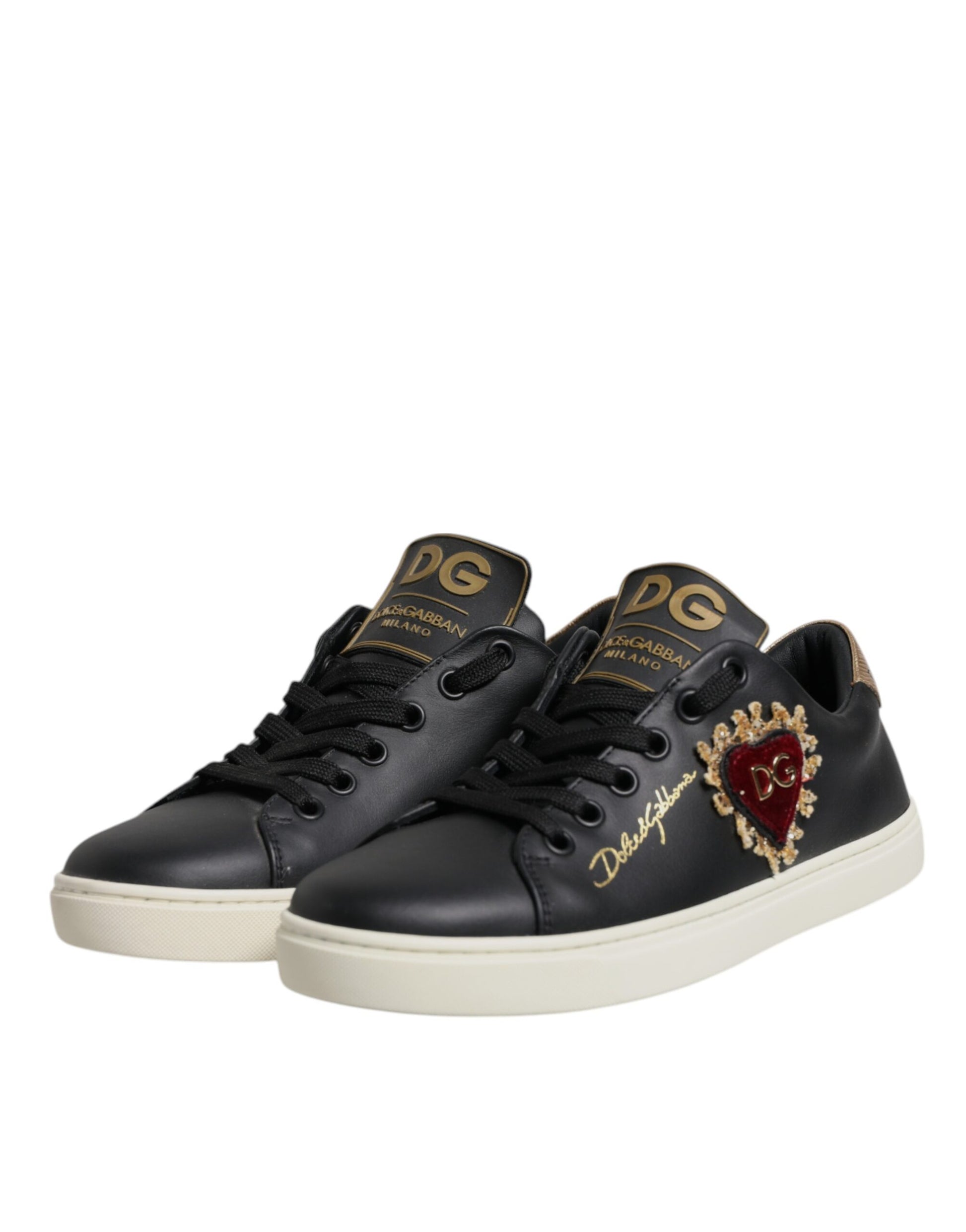 Dolce & Gabbana Black Leather Gold Red Heart Sneakers Shoes Dolce & Gabbana