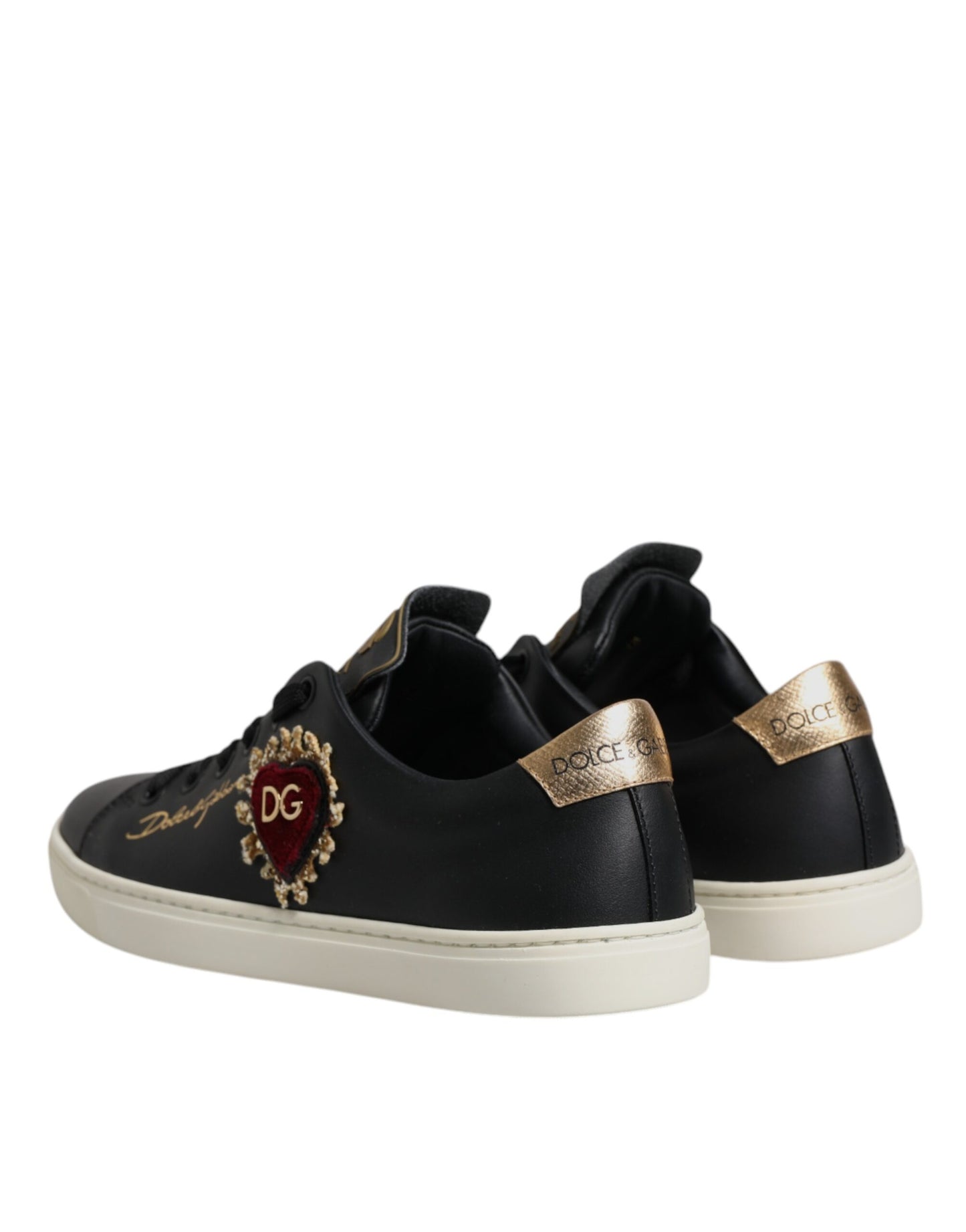 Dolce & Gabbana Black Leather Gold Red Heart Sneakers Shoes Dolce & Gabbana