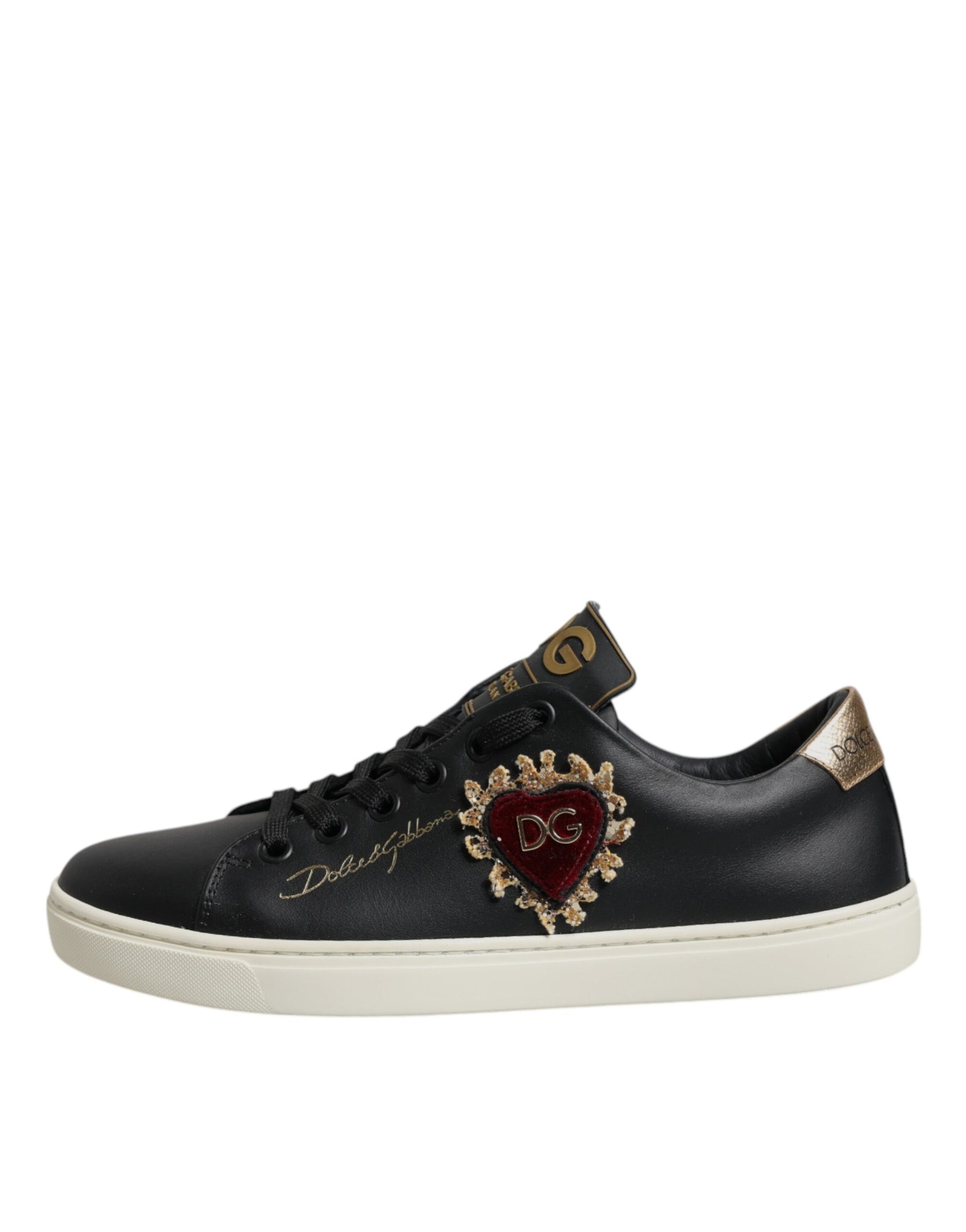 Dolce & Gabbana Black Leather Gold Red Heart Sneakers Shoes Dolce & Gabbana
