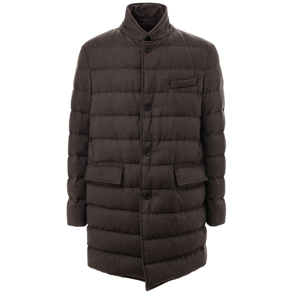 Herno brown wool coat displayed on a hanger, showcasing its classic design and tailored fit.