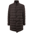 Herno brown wool coat displayed on a hanger, showcasing its classic design and tailored fit.