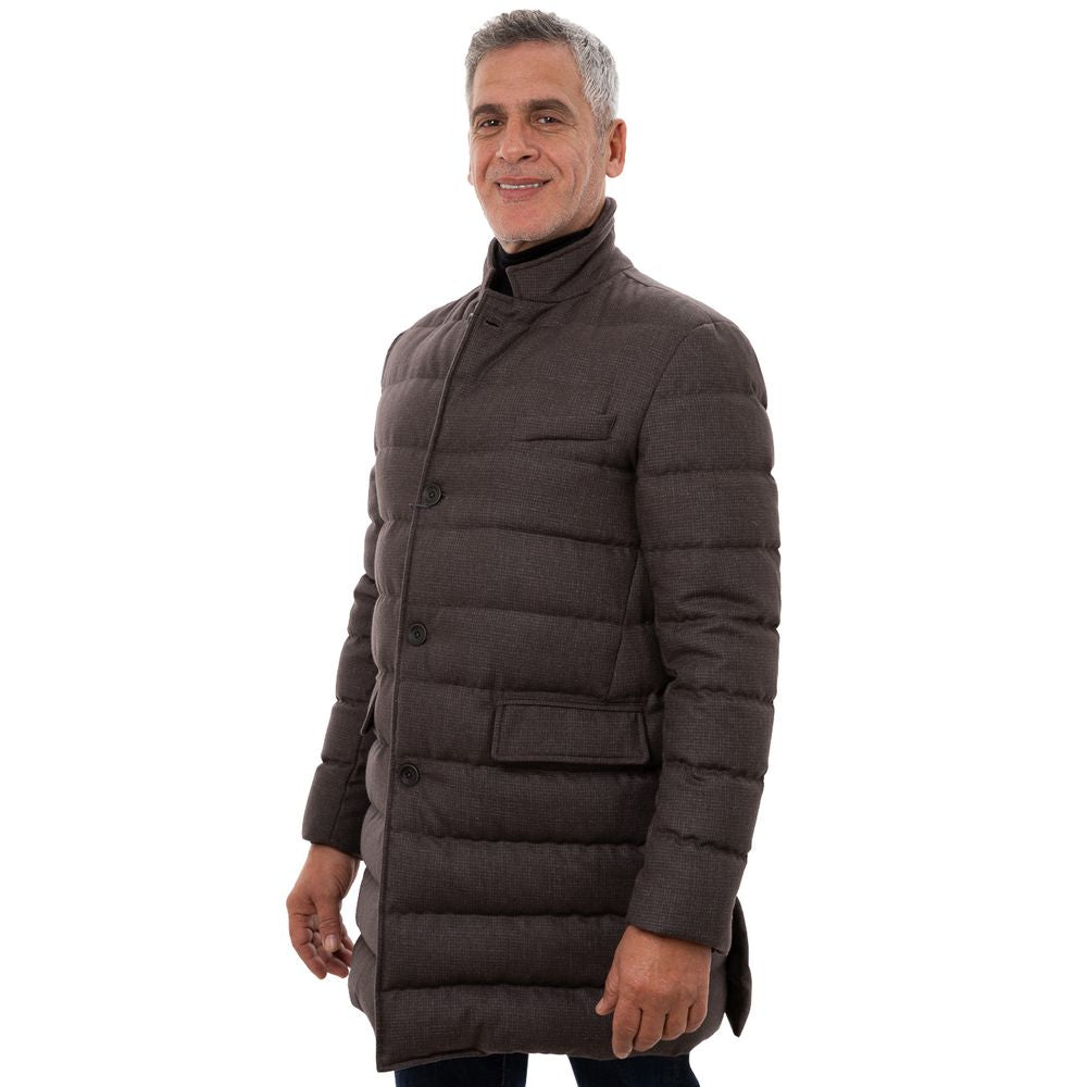Herno brown wool coat hanging on a wooden hanger, showcasing the classic tailored design and smooth fabric texture.