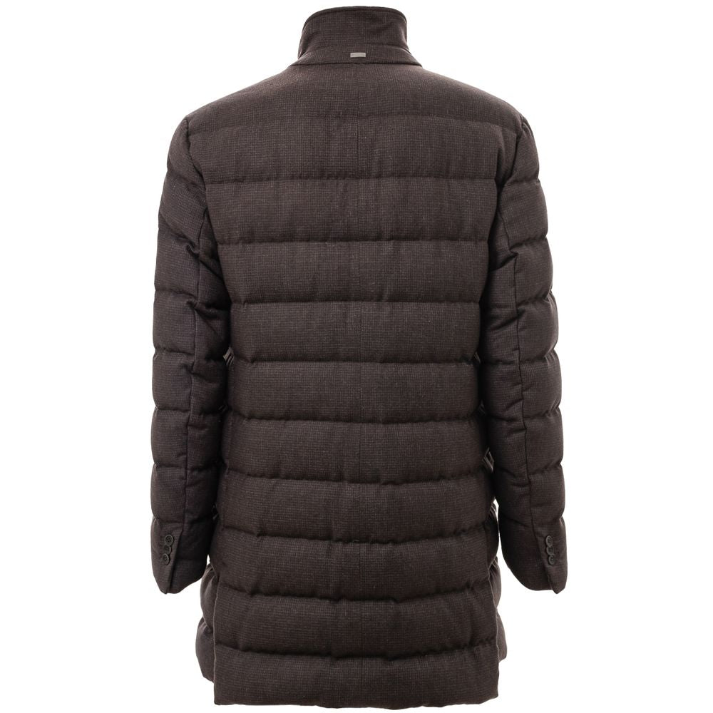 Herno brown wool coat displayed on a hanger with a tailored fit and classic design, suitable for cold weather.