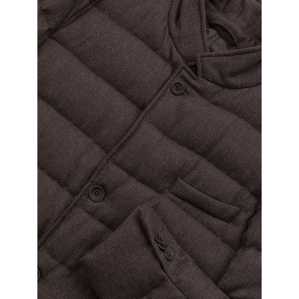 Herno brown wool coat hanging on a wooden hanger, showcasing its tailored design and classic style.