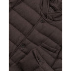 Herno brown wool coat hanging on a wooden hanger, showcasing its tailored design and classic style.