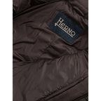 Herno brown wool coat displayed on a hanger, showcasing its classic tailored design and warm fabric.