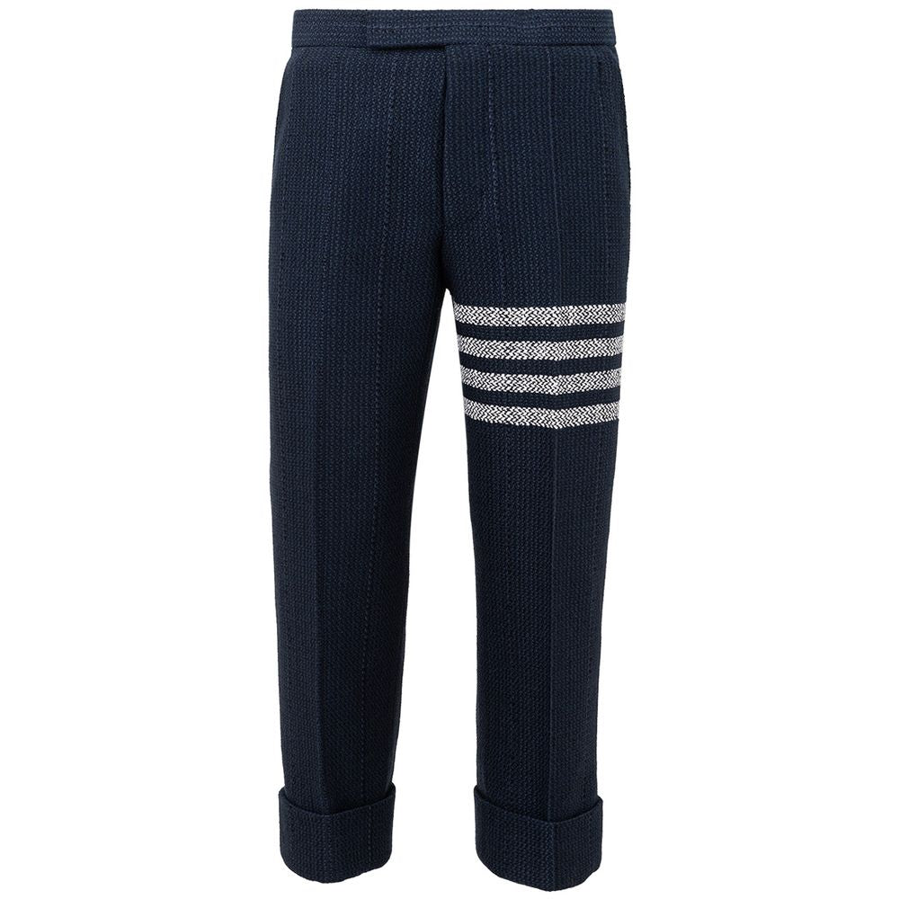 Thom Browne blue marabou casual pants with a relaxed fit and tailored design, displayed on a neutral background.