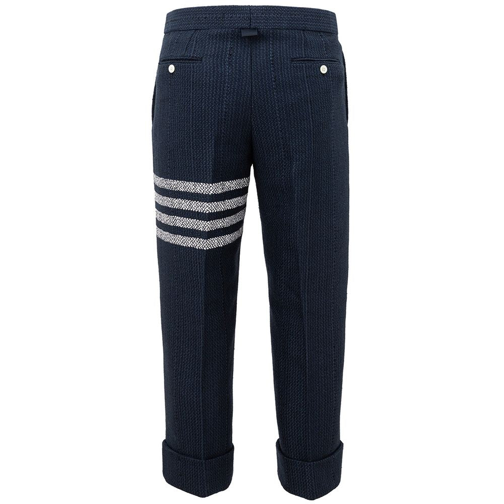 Thom Browne blue Marabou casual pants with relaxed fit, featuring soft feathered detailing and tailored design.