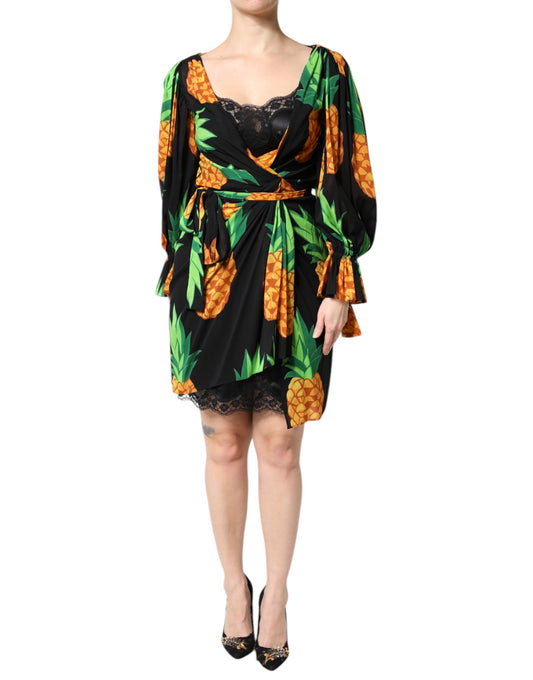 Dolce & Gabbana Black Silk Pineapple Draped Print Wrap Dress Dolce & Gabbana