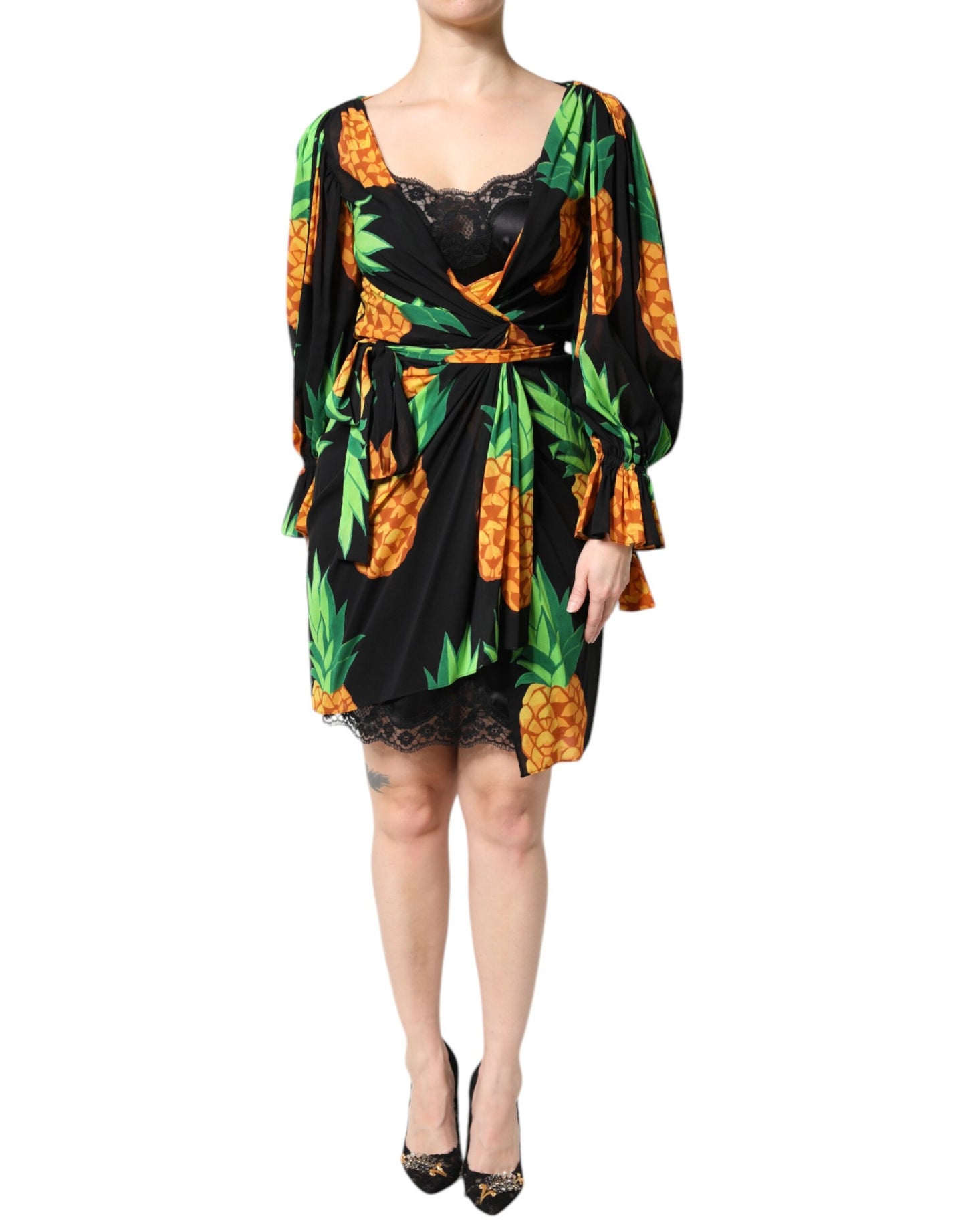 Dolce & Gabbana Black Silk Pineapple Draped Print Wrap Dress Dolce & Gabbana