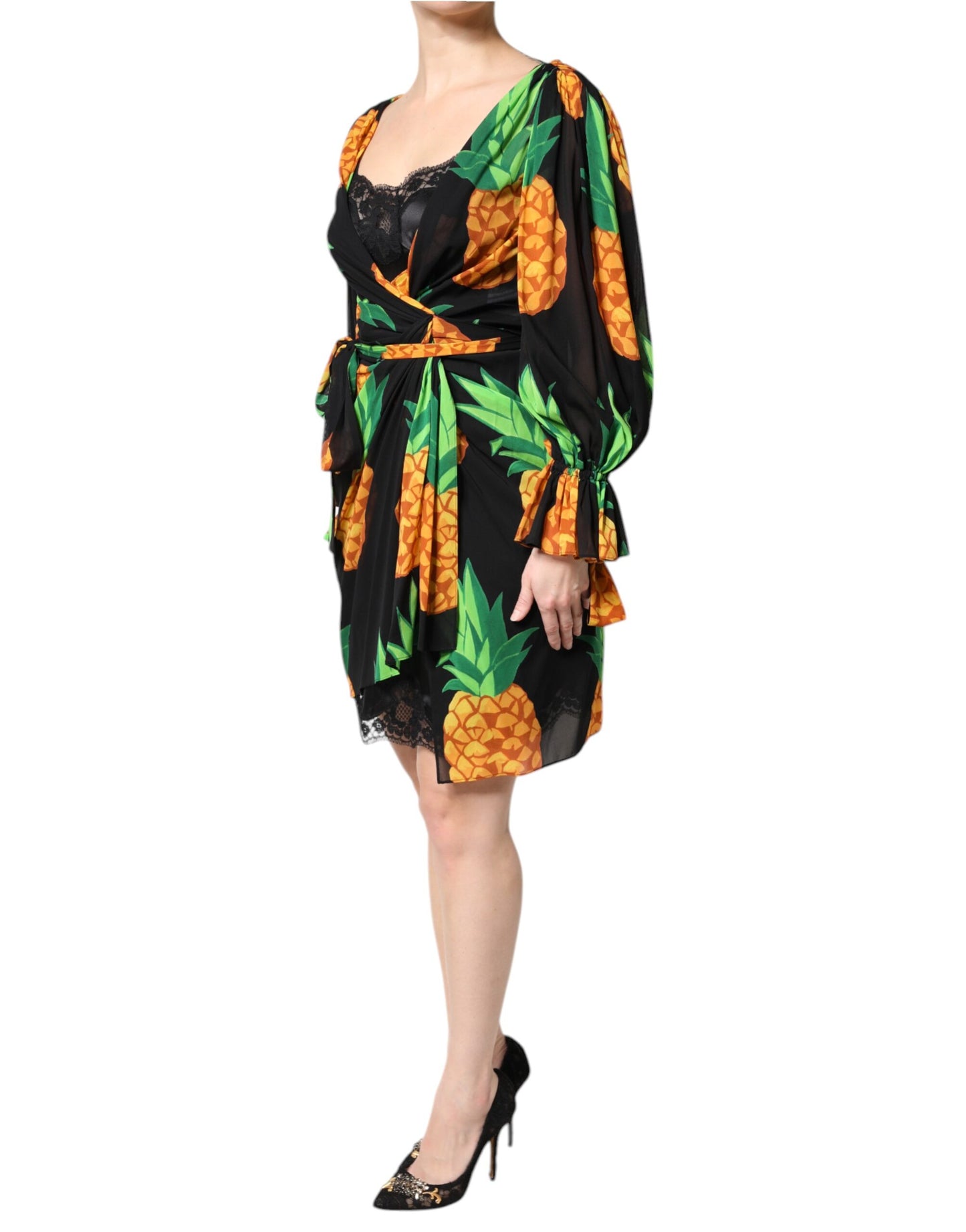 Dolce & Gabbana Black Silk Pineapple Draped Print Wrap Dress Dolce & Gabbana