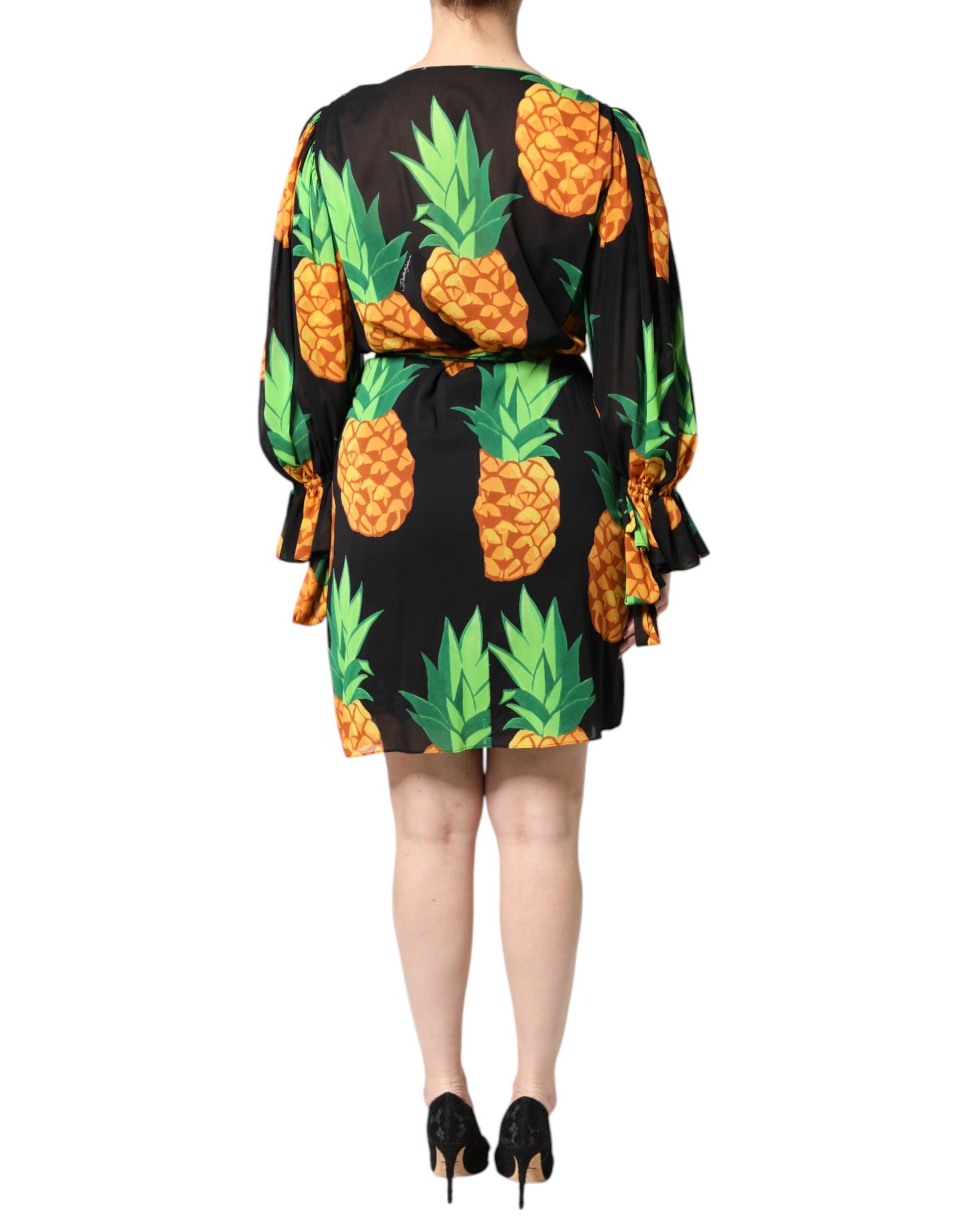 Dolce & Gabbana Black Silk Pineapple Draped Print Wrap Dress Dolce & Gabbana