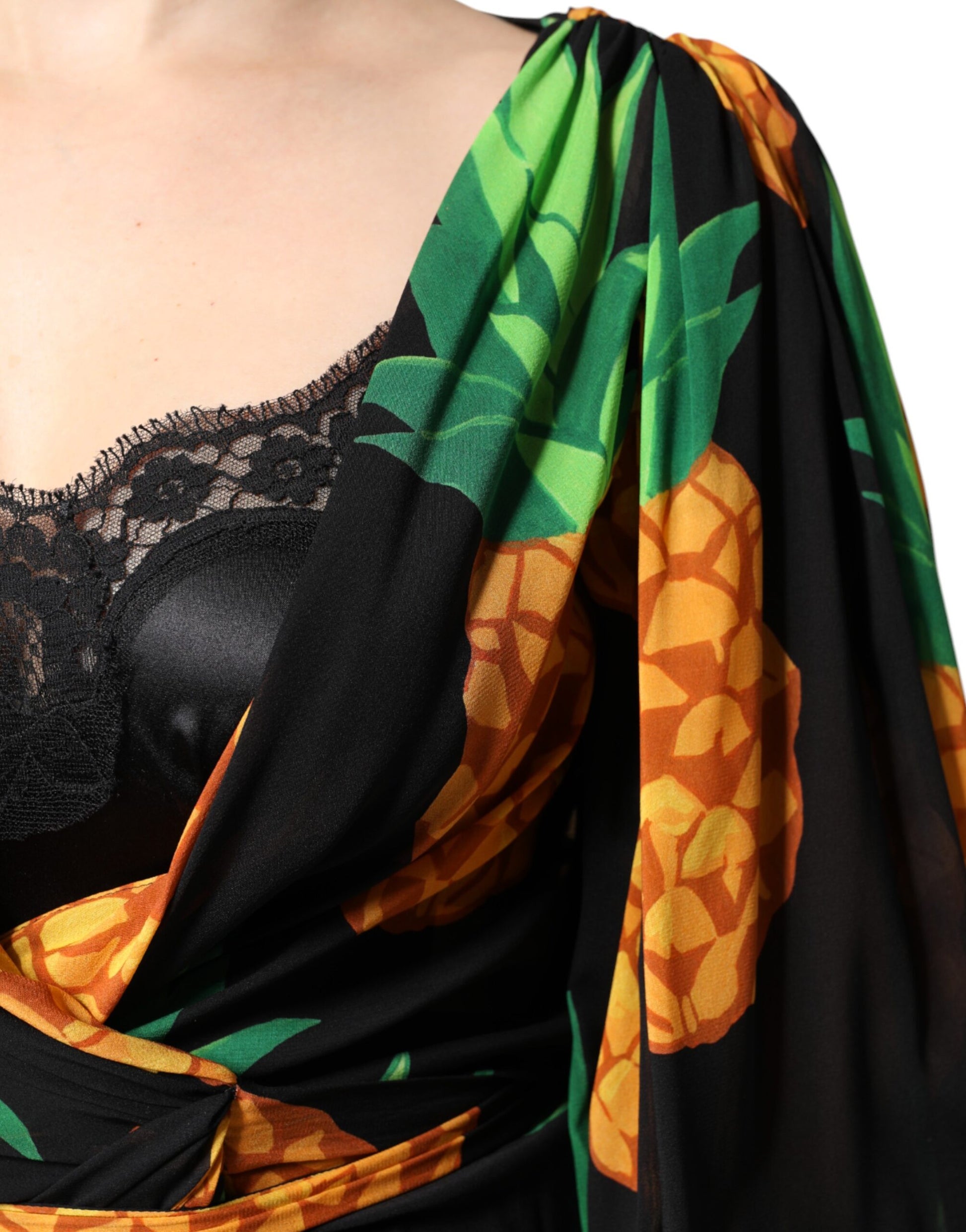 Dolce & Gabbana Black Silk Pineapple Draped Print Wrap Dress Dolce & Gabbana