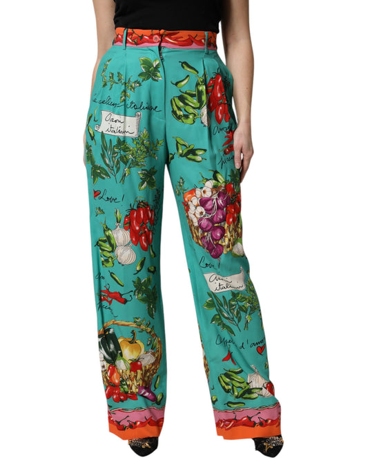 Dolce & Gabbana Green Silk Printed Straight Pants Dolce & Gabbana