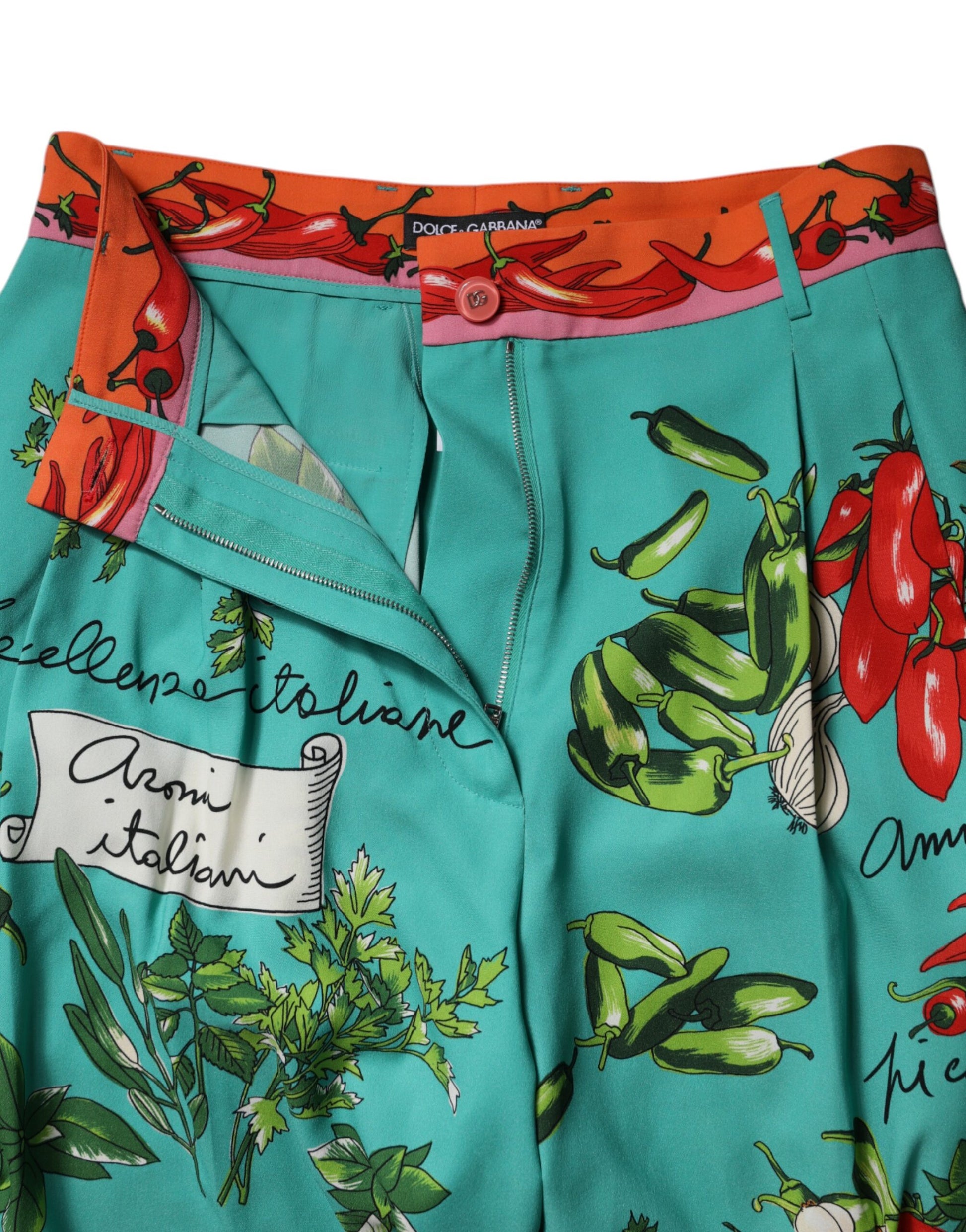 Dolce & Gabbana Green Silk Printed Straight Pants Dolce & Gabbana