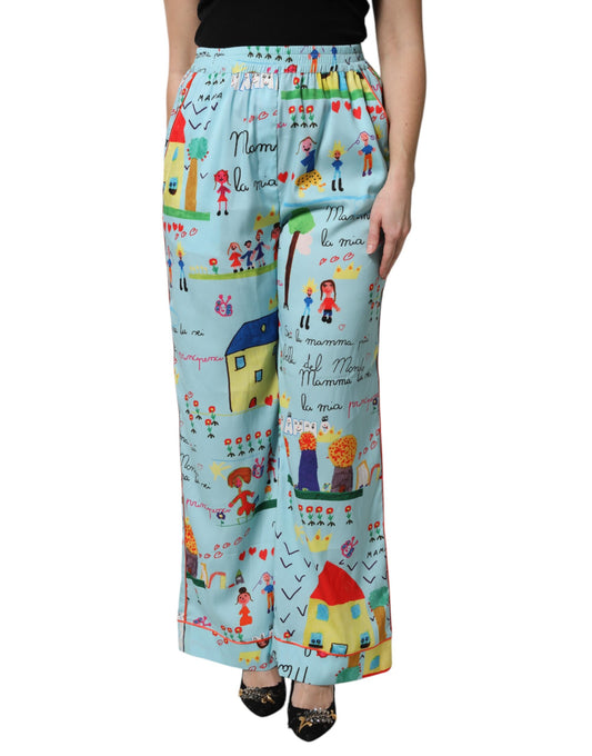 Dolce & Gabbana Light Blue Drawing Mid Waist Wide Leg Pants Dolce & Gabbana