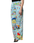 Dolce & Gabbana Light Blue Drawing Mid Waist Wide Leg Pants