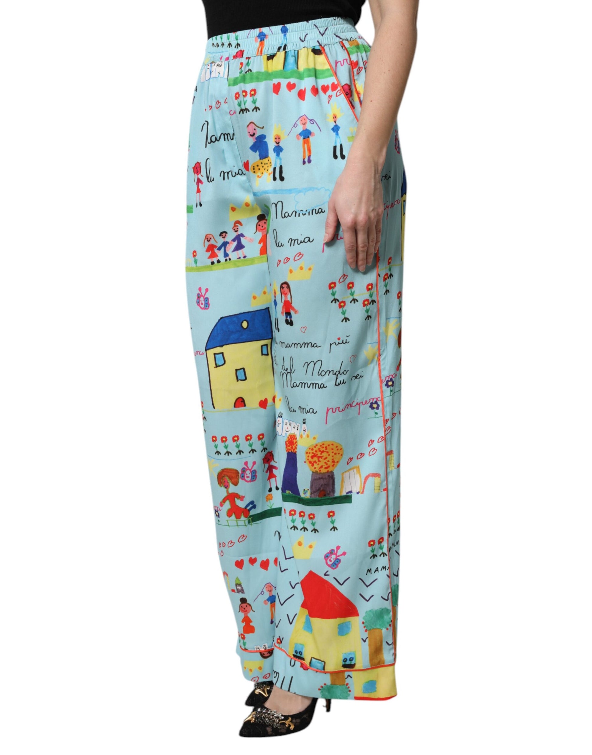Dolce & Gabbana Light Blue Drawing Mid Waist Wide Leg Pants Dolce & Gabbana
