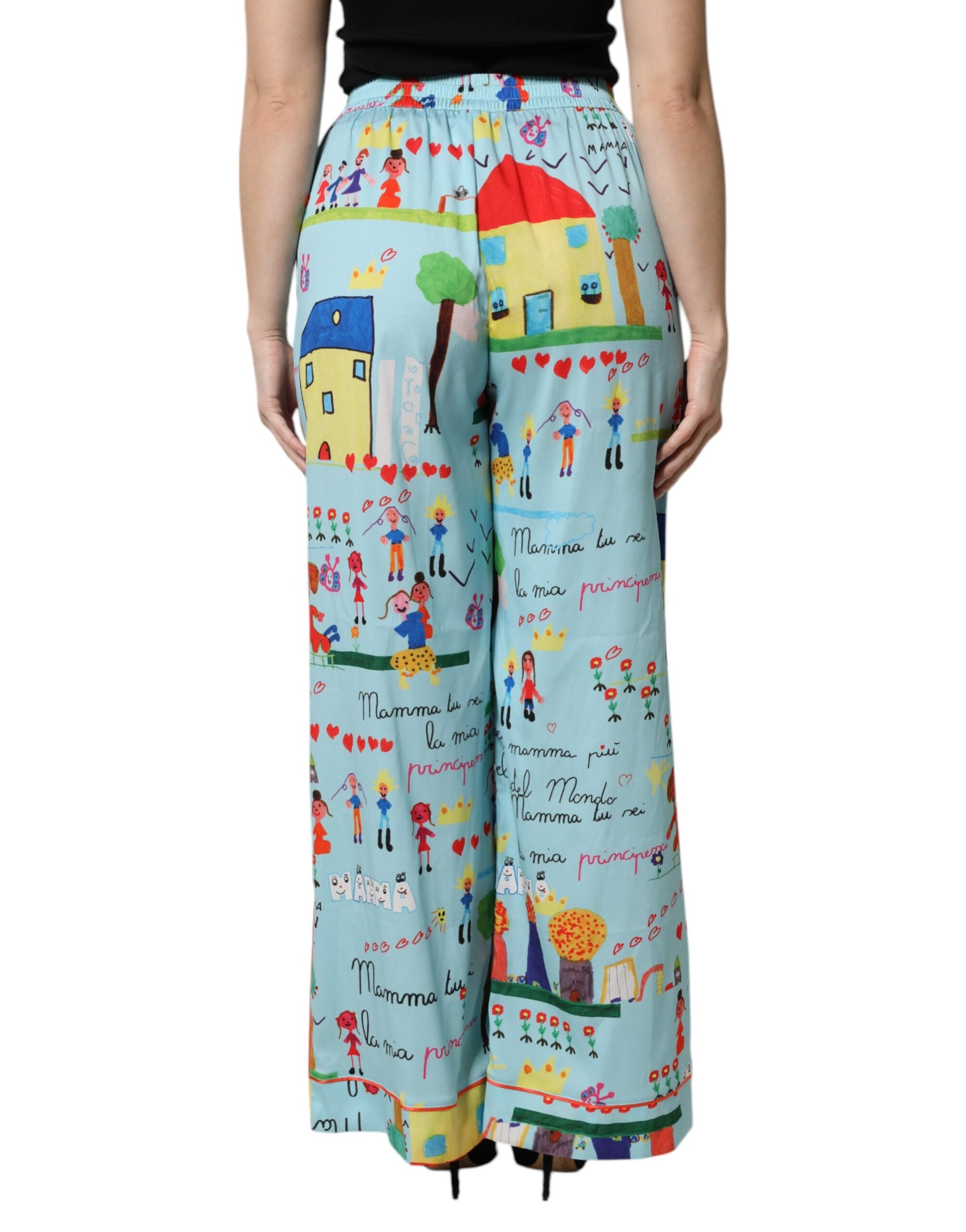 Dolce & Gabbana Light Blue Drawing Mid Waist Wide Leg Pants Dolce & Gabbana