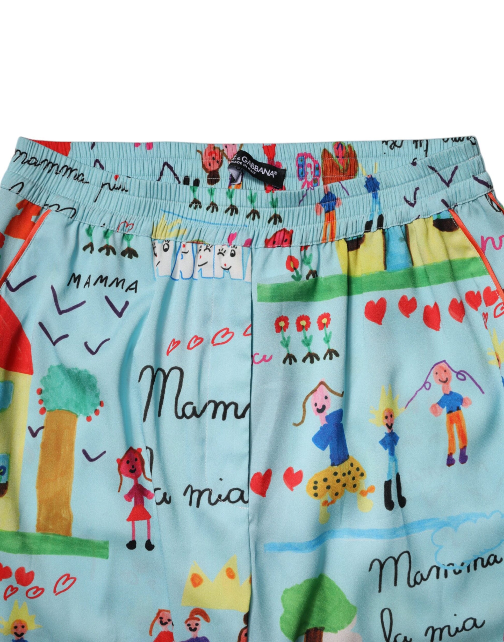 Dolce & Gabbana Light Blue Drawing Mid Waist Wide Leg Pants Dolce & Gabbana