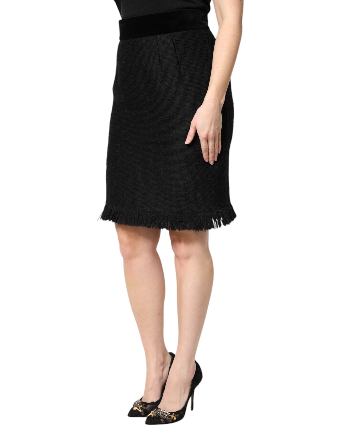 Dolce & Gabbana Black Wool Fringe High Waist Pencil Mini Skirt Dolce & Gabbana
