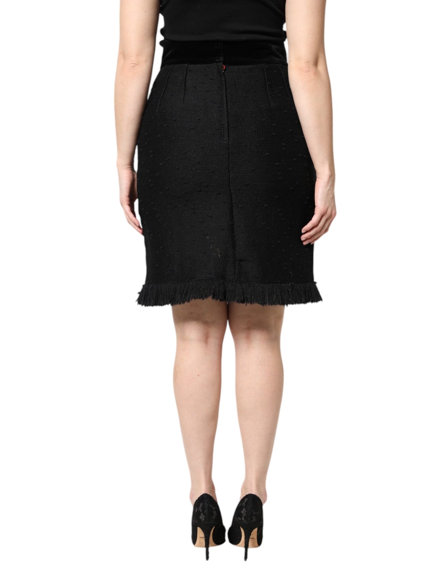 Dolce & Gabbana Black Wool Fringe High Waist Pencil Mini Skirt Dolce & Gabbana