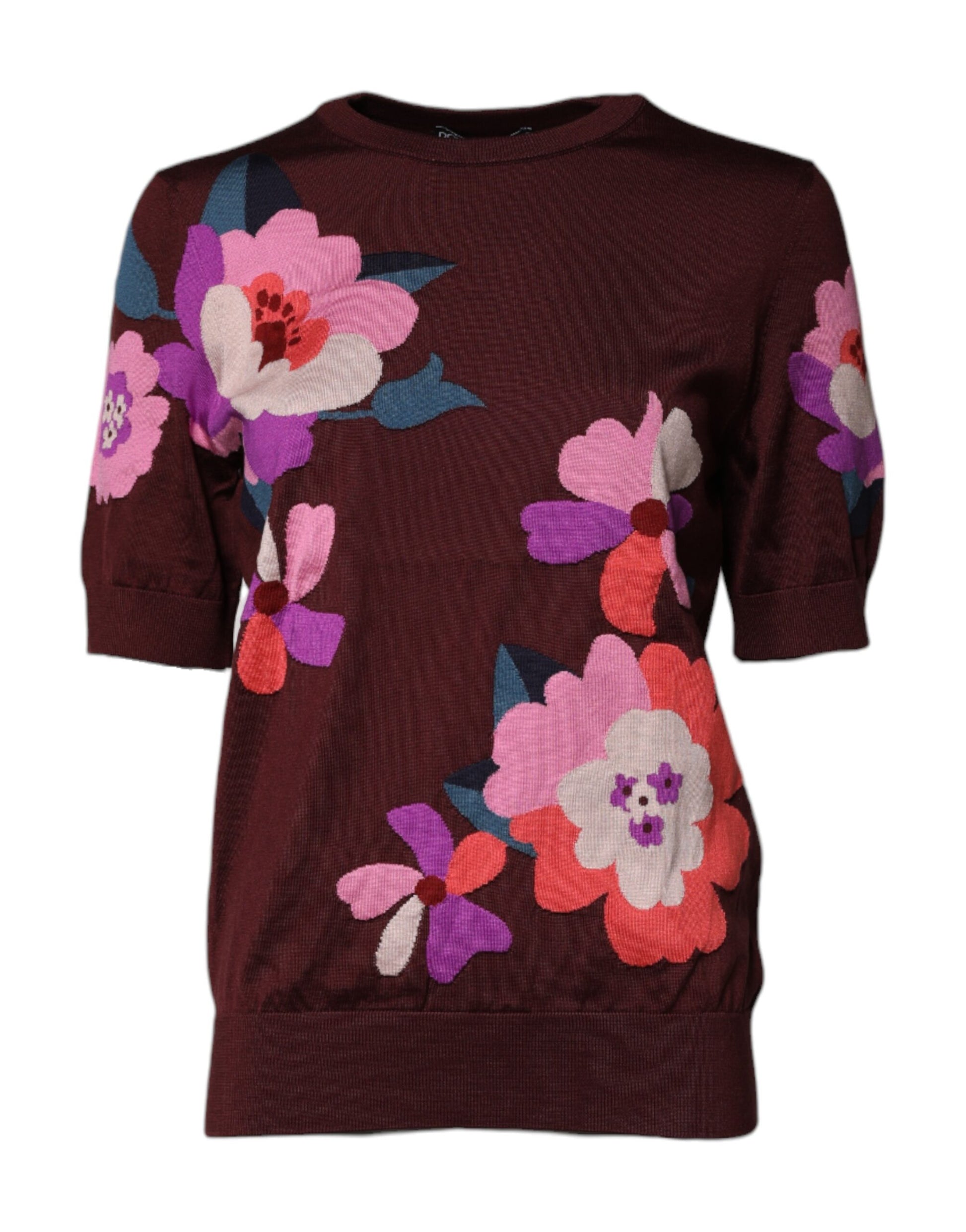 Dolce & Gabbana Maroon Floral Silk Crew Neck Blouse Top Dolce & Gabbana