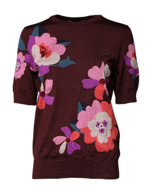 Dolce & Gabbana Maroon Floral Silk Crew Neck Blouse Top Dolce & Gabbana