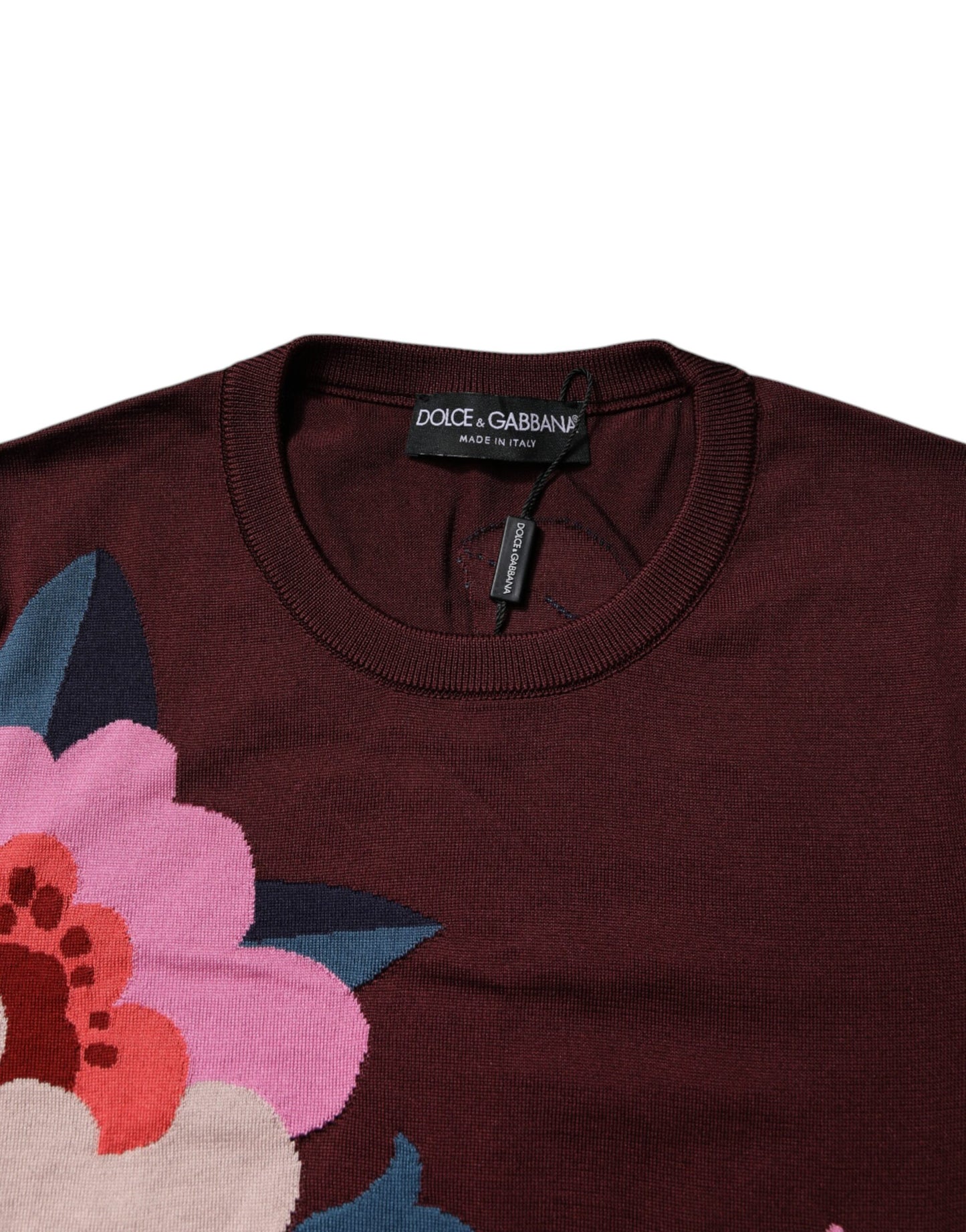 Dolce & Gabbana Maroon Floral Silk Crew Neck Blouse Top Dolce & Gabbana