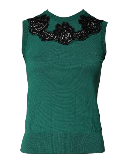 Dolce & Gabbana Green Wool Lace Detail Sleeveless Tank Top Dolce & Gabbana