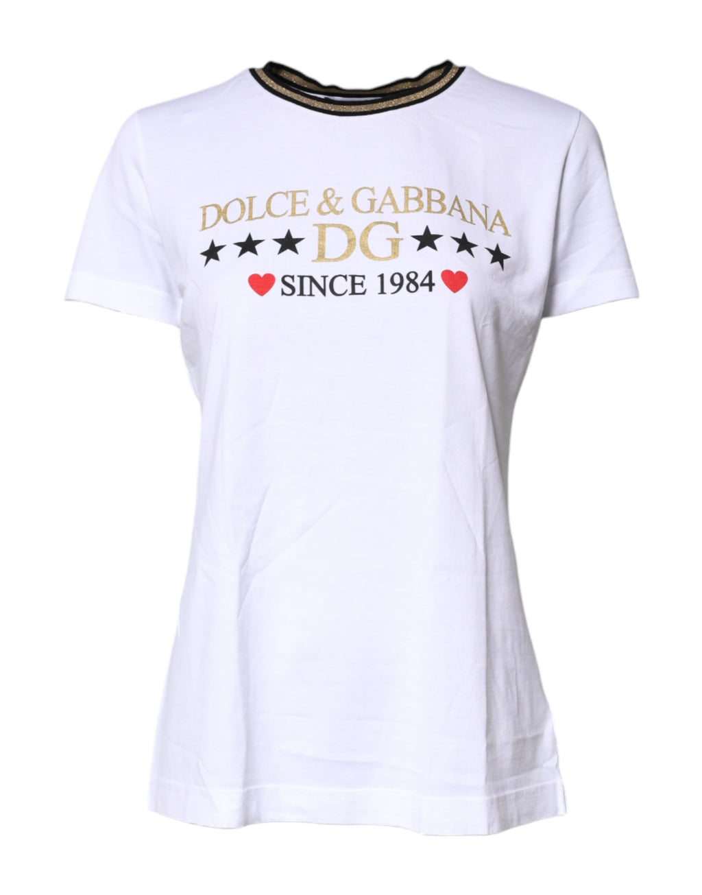 Dolce & Gabbana white printed round neck cotton T-shirt with short sleeves and stylish design.