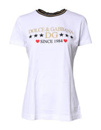 Dolce & Gabbana white printed round neck cotton T-shirt with short sleeves and stylish design.